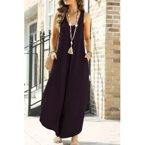 Kadın Askılı Yuvarlak Yaka Cepli Salaş Uzun Viskon Tulum