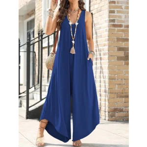 Kadın Askılı Yuvarlak Yaka Cepli Salaş Uzun Viskon Tulum