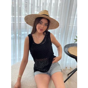 Kadın Askılı Yuvarlak Yaka Geometrik Desenli Triko Bluz