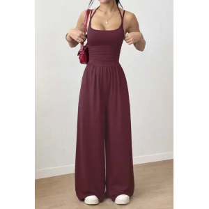 Kadın Askılı Yuvarlak Yaka Uzun Viskon Tulum