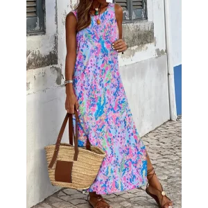 Kadın Askılı Yuvarlak Yaka Yandan Yırtmaçlı Uzun Süprem Elbise