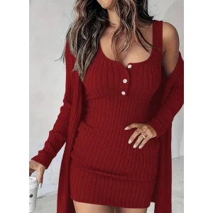 Kadın Askılı Yuvarlak Yakalı önü Düğmeli şardonlu Kaşkorse Mini Elbise Ve Kısa Ceket