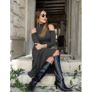 Kadın Balıkçı Yaka Omuzlardan Açık Uzun Kollu Janjan Krep Elbise