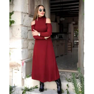 Kadın Balıkçı Yaka Omuzlardan Açık Uzun Kollu Janjan Krep Elbise