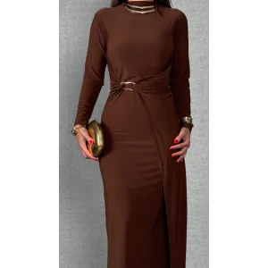 Kadın Balıkçı Yaka Toka Detay Sandy Kumaş Midi Boy Elbise