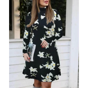 Kadın Balıkçı Yaka Uzun Kollu çiçek Desenli Krep Elbise
