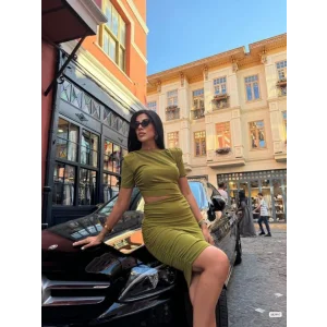 Kadın Bel Dekolteli Yanı Büzgü Detay Dalgıç Krep Kumaş Mini Elbise