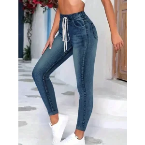 Kadın Belden Bağlamalı Cepli Yüksek Bel Kot Pantolon