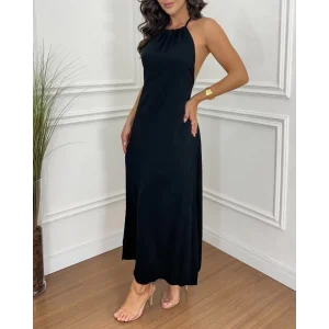 Kadın Boyundan Askılı Halter Kollu Viskon Elbise