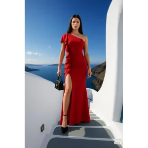 Kadın Dalgıç Kumaş Tek Omuz Askılı Yırtmaç Detaylı Maxi Boy Elbise