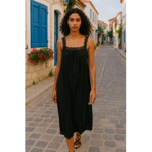 Kadın Dantel Askılı Kare Yakalı Uzun Viskon Elbise