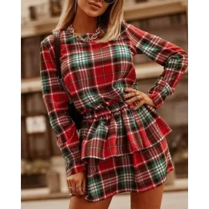 Kadın Ekose Kumaş Dijital Baskılı Uzun Kollu Mini Boy Elbise