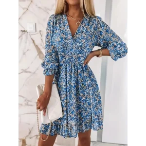 Kadın Truvakarkol Kruvaze Yakalı Beli Lastikli çiçek Desenli Süprem Elbise