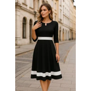 Kadın Truvakar Kol Yakası Açık Blok Renkli Krep Midi Elbise