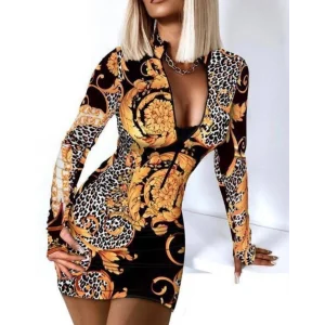 Kadın Fermuar Detay Dalgıç Kumaş Desenli Elbise