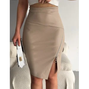 Kadın Fermuarlı Deri Kumaş Mini Etek