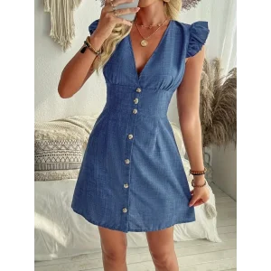 Kadın Fırfır Kollu V Yakalı Düğmeli Keten Elbise