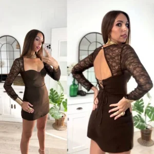 Kadın Gloplu Kare Yaka Dantel Transparan Ve Sırt Dekoltesi Detaylı Mini Elbise