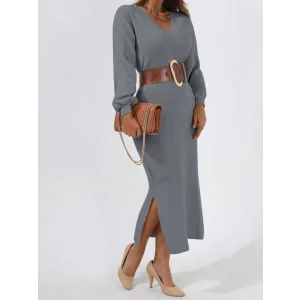 Kadın Gri Uzun Kollu Yırtmaçlı V Yaka Triko Elbise