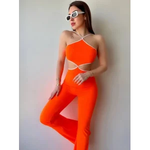 Kadın Halter Yaka Bel Dokolteli Tulum