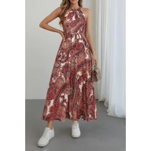 Kadın Halter Yakalı Omuzlardan Açık Kuşaklı Maksi Boy Desenli Süprem Elbise