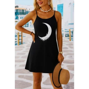 Kadın Ip Askılı Ay Desenli Viskon Elbise