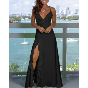 Kadın Ip Askılı Dekolteli Yırtmaç Detay Krep Elbise