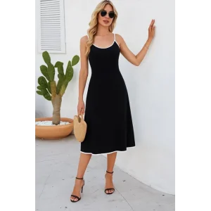 Kadın Ip Askılı Geniş V Yakalı Midi Janjan Krep Elbise