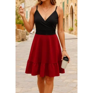 Kadın Ip Askılı Kruvaze Yaka Bel Dantel Ithal Krep Elbise