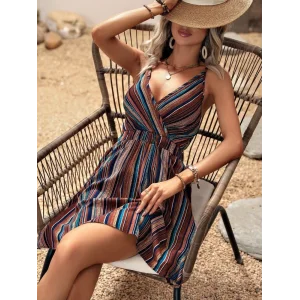 Kadın Ip Askılı Kruvaze Yakalı Beli Lastikli Desenli Süprem Elbise