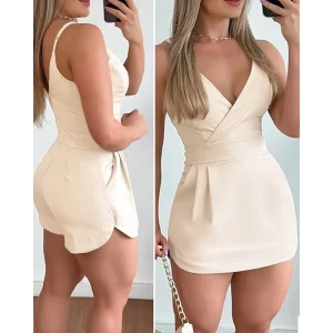 Kadın Ip Askılı Kruvaze Yakalı Cep Detaylı Ithal Krep Short Etek