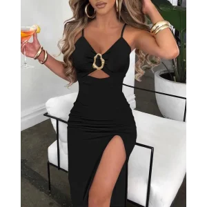 Kadın Ip Askılı Toka Detaylı Yırtmaçlı Janjan Krep Elbise