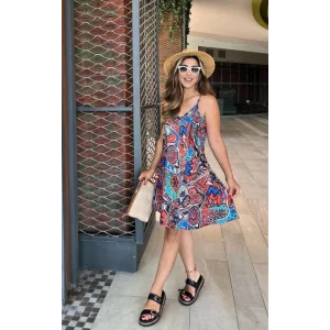 Kadın Ip Askılı V Yakalı Desenli Kısa Süprem Elbise