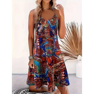 Kadın Ip Askılı V Yakalı Desenli Kısa Süprem Elbise