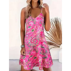 Kadın Ip Askılı V Yakalı Desenli Kısa Süprem Mini Elbise