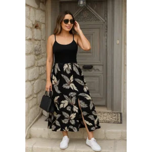 Kadın Ip Askılı Yuvarlak Yaka Belden Dantelli Desenli Yırtmaçlı üst Viskon Alt Süprem Midi Elbise