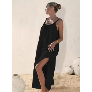 Kadın Ip Askılı Yuvarlak Yaka Yırtmaçlı Uzun Müslim Elbise