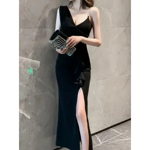 Kadın Ip Zincir Askılı Kruvaze Yakalı önden Fırfırlı Yırtmaçlı Janjan Krep Elbise