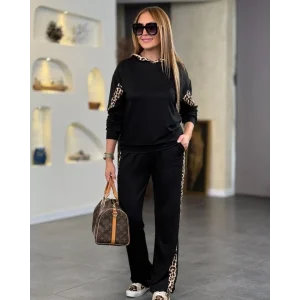 Kadın Kapüşonlu Leopar Detay Sweat Ve Yüksek Bel Yanları Leopar şeritli Bol Paça Pantolon Ikili Takım