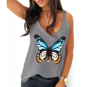 Kadın Kelebek Baskılı Sandy Kumaş Askılı Bluz