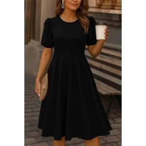 Kadın Kısa Balon Kollu Bisiklet Yaka Geniş Kesim Janjan Krep Elbise