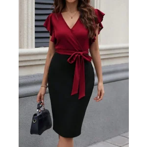 Kadın Kısa Kelebek Kollu Kruvaze Yakalı çift Renkli Kuşaklı Ithal Krep Elbise