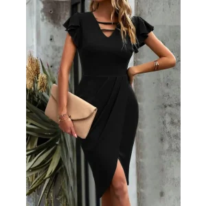 Kadın Kısa Kelebek Kollu V Yakalı Asimetrik Kesim Detaylı Midi Janjan Krep Elbise