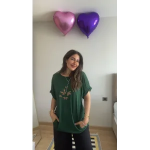 Kadın Kısa Kollu Bisiklet Yaka Cepli Kelebek Baskılı Viskon Elbise