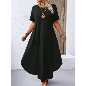 Kadın Kısa Kollu Bisiklet Yaka Cepli Salaş Viskon Elbise