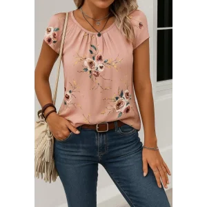 Kadın Kısa Kollu Bisiklet Yaka çiçek Baskılı Süprem Bluz