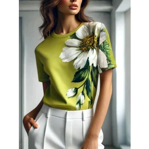 Kadın Kısa Kollu Bisiklet Yaka çiçek Baskılı Süprem Bluz