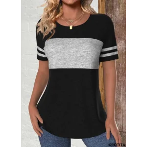 Kadın Kısa Kollu Bisiklet Yaka çift Renkli Viskon Bluz