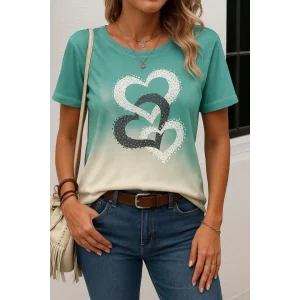 Kadın Kısa Kollu Bisiklet Yaka Kalp Baskılı Süprem Bluz
