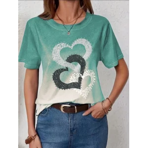 Kadın Kısa Kollu Bisiklet Yaka Kalp Baskılı Süprem Bluz